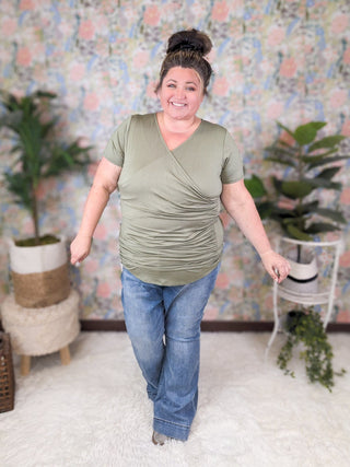 Shiloh Surplice Wrap Short Sleeve Top w/Ruched Texture-1- ShortSlv/Slvless Tops-HEIMISH-Styled by Stacked - A Plus Size Women's Boutique in Lakeville, MN
