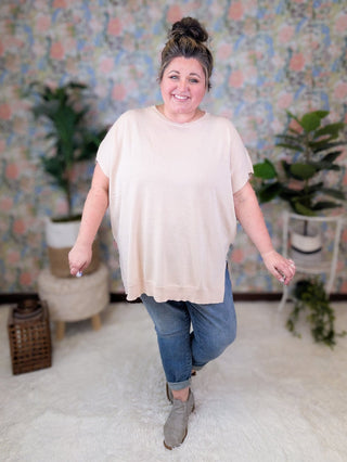 Reagan Zipper Accent Short Sleeve Sweater (2 colors)-1- ShortSlv/Slvless Tops-WHITE BIRCH-Styled by Stacked - A Plus Size Women's Boutique in Lakeville, MN