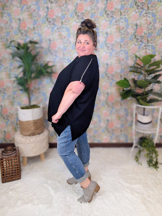 Reagan Zipper Accent Short Sleeve Sweater (2 colors)-1- ShortSlv/Slvless Tops-WHITE BIRCH-Styled by Stacked - A Plus Size Women's Boutique in Lakeville, MN