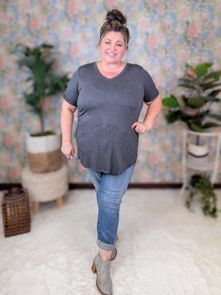 Laurel Pocket Tee in Charcoal-1- ShortSlv/Slvless Tops-HEIMISH-Styled by Stacked - A Plus Size Women's Boutique in Lakeville, MN