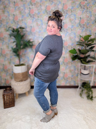 Laurel Pocket Tee in Charcoal-1- ShortSlv/Slvless Tops-HEIMISH-Styled by Stacked - A Plus Size Women's Boutique in Lakeville, MN