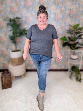 Laurel Pocket Tee in Charcoal-1- ShortSlv/Slvless Tops-HEIMISH-Styled by Stacked - A Plus Size Women's Boutique in Lakeville, MN