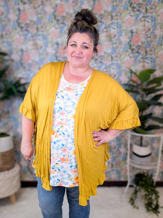 Casey Ruffle Trim Open Cardigan in Mustard-4- Overlayer Tops-HEIMISH-Styled by Stacked - A Plus Size Women's Boutique in Lakeville, MN