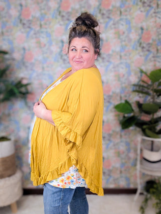 Casey Ruffle Trim Open Cardigan in Mustard-4- Overlayer Tops-HEIMISH-Styled by Stacked - A Plus Size Women's Boutique in Lakeville, MN