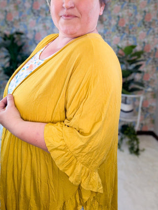 Casey Ruffle Trim Open Cardigan in Mustard-4- Overlayer Tops-HEIMISH-Styled by Stacked - A Plus Size Women's Boutique in Lakeville, MN