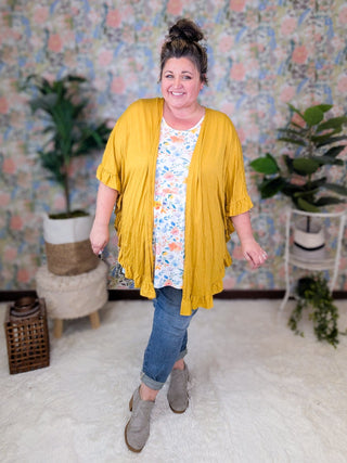 Casey Ruffle Trim Open Cardigan in Mustard-4- Overlayer Tops-HEIMISH-Styled by Stacked - A Plus Size Women's Boutique in Lakeville, MN