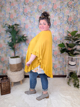 Casey Ruffle Trim Open Cardigan in Mustard-4- Overlayer Tops-HEIMISH-Styled by Stacked - A Plus Size Women's Boutique in Lakeville, MN
