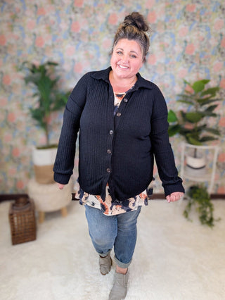 Meredith Ribbed Buttondown Shirket in Black-4- Overlayer Tops-HEIMISH-Styled by Stacked - A Plus Size Women's Boutique in Lakeville, MN