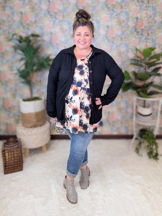 Meredith Ribbed Buttondown Shirket in Black-4- Overlayer Tops-HEIMISH-Styled by Stacked - A Plus Size Women's Boutique in Lakeville, MN