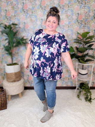 Aveline Tiered Top in Navy Floral-1- ShortSlv/Slvless Tops-HEIMISH-Styled by Stacked - A Plus Size Women's Boutique in Lakeville, MN