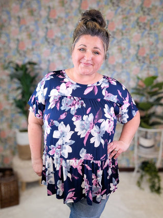 Aveline Tiered Top in Navy Floral-1- ShortSlv/Slvless Tops-HEIMISH-Styled by Stacked - A Plus Size Women's Boutique in Lakeville, MN