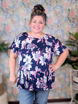 Aveline Tiered Top in Navy Floral-1- ShortSlv/Slvless Tops-HEIMISH-Styled by Stacked - A Plus Size Women's Boutique in Lakeville, MN