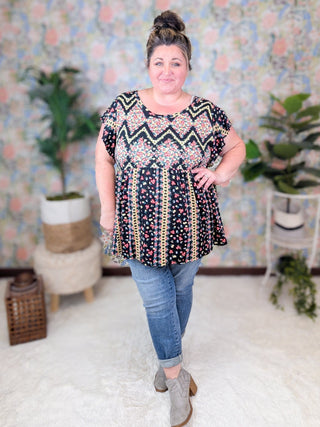 Jessica Flutter Sleeve Babydoll Top in Floral Chevron on Black-1- ShortSlv/Slvless Tops-HAPTICS-Styled by Stacked - A Plus Size Women's Boutique in Lakeville, MN