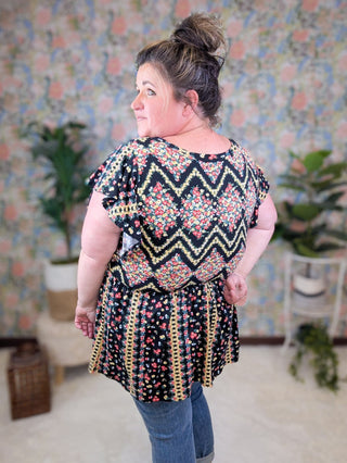 Jessica Flutter Sleeve Babydoll Top in Floral Chevron on Black-1- ShortSlv/Slvless Tops-HAPTICS-Styled by Stacked - A Plus Size Women's Boutique in Lakeville, MN