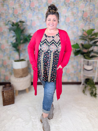Jessica Flutter Sleeve Babydoll Top in Floral Chevron on Black-1- ShortSlv/Slvless Tops-HAPTICS-Styled by Stacked - A Plus Size Women's Boutique in Lakeville, MN