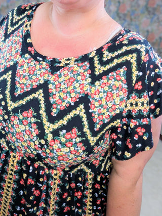 Jessica Flutter Sleeve Babydoll Top in Floral Chevron on Black-1- ShortSlv/Slvless Tops-HAPTICS-Styled by Stacked - A Plus Size Women's Boutique in Lakeville, MN