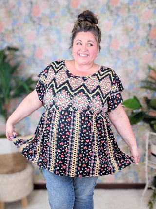 Jessica Flutter Sleeve Babydoll Top in Floral Chevron on Black-1- ShortSlv/Slvless Tops-HAPTICS-Styled by Stacked - A Plus Size Women's Boutique in Lakeville, MN