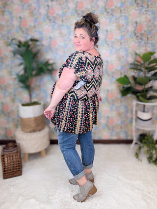 Jessica Flutter Sleeve Babydoll Top in Floral Chevron on Black-1- ShortSlv/Slvless Tops-HAPTICS-Styled by Stacked - A Plus Size Women's Boutique in Lakeville, MN