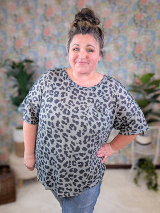 Sherry Dolman Pocket Top in Sage + Charcoal Animal Print-1- ShortSlv/Slvless Tops-HAPTICS-Styled by Stacked - A Plus Size Women's Boutique in Lakeville, MN