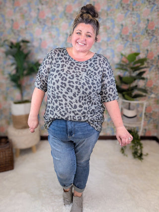 Sherry Dolman Pocket Top in Sage + Charcoal Animal Print-1- ShortSlv/Slvless Tops-HAPTICS-Styled by Stacked - A Plus Size Women's Boutique in Lakeville, MN
