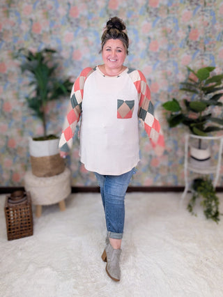 Vienna Long Sleeve Pullover in Argyle Accent-2- Long Sleeve Tops-FIRST LOVE-Styled by Stacked - A Plus Size Women's Boutique in Lakeville, MN