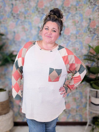 Vienna Long Sleeve Pullover in Argyle Accent-2- Long Sleeve Tops-FIRST LOVE-Styled by Stacked - A Plus Size Women's Boutique in Lakeville, MN