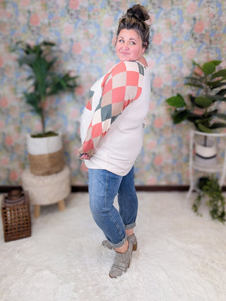 Vienna Long Sleeve Pullover in Argyle Accent-2- Long Sleeve Tops-FIRST LOVE-Styled by Stacked - A Plus Size Women's Boutique in Lakeville, MN