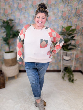 Vienna Long Sleeve Pullover in Argyle Accent-2- Long Sleeve Tops-FIRST LOVE-Styled by Stacked - A Plus Size Women's Boutique in Lakeville, MN