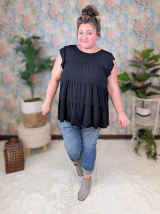 Lynn Flowy Tiered Flutter Sleeve Top in Solid Black-1- ShortSlv/Slvless Tops-HEIMISH-Styled by Stacked - A Plus Size Women's Boutique in Lakeville, MN