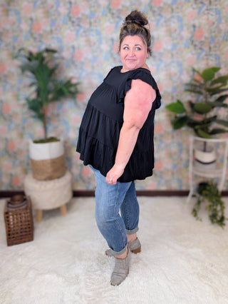 Lynn Flowy Tiered Flutter Sleeve Top in Solid Black-1- ShortSlv/Slvless Tops-HEIMISH-Styled by Stacked - A Plus Size Women's Boutique in Lakeville, MN