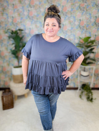 Melanie Short Sleeve Tiered Top in Charcoal Gray-1- ShortSlv/Slvless Tops-HAPTICS-Styled by Stacked - A Plus Size Women's Boutique in Lakeville, MN