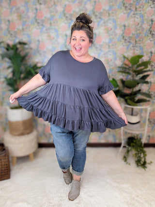 Melanie Short Sleeve Tiered Top in Charcoal Gray-1- ShortSlv/Slvless Tops-HAPTICS-Styled by Stacked - A Plus Size Women's Boutique in Lakeville, MN
