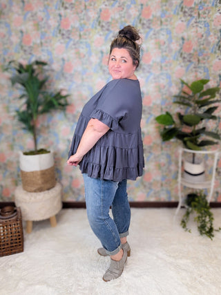 Melanie Short Sleeve Tiered Top in Charcoal Gray-1- ShortSlv/Slvless Tops-HAPTICS-Styled by Stacked - A Plus Size Women's Boutique in Lakeville, MN