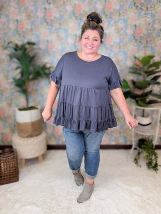 Melanie Short Sleeve Tiered Top in Charcoal Gray-1- ShortSlv/Slvless Tops-HAPTICS-Styled by Stacked - A Plus Size Women's Boutique in Lakeville, MN
