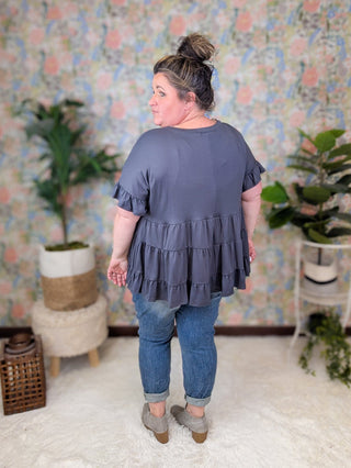 Melanie Short Sleeve Tiered Top in Charcoal Gray-1- ShortSlv/Slvless Tops-HAPTICS-Styled by Stacked - A Plus Size Women's Boutique in Lakeville, MN