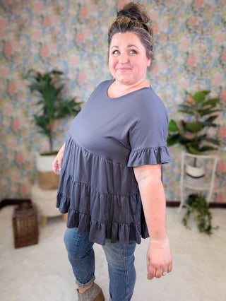 Melanie Short Sleeve Tiered Top in Charcoal Gray-1- ShortSlv/Slvless Tops-HAPTICS-Styled by Stacked - A Plus Size Women's Boutique in Lakeville, MN