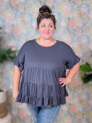 Melanie Short Sleeve Tiered Top in Charcoal Gray-1- ShortSlv/Slvless Tops-HAPTICS-Styled by Stacked - A Plus Size Women's Boutique in Lakeville, MN