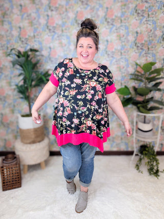 Natasha Black Floral Crewneck Top w/Dark Hot Pink Trim-1- ShortSlv/Slvless Tops-EMERALD-Styled by Stacked - A Plus Size Women's Boutique in Lakeville, MN