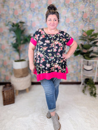 Natasha Black Floral Crewneck Top w/Dark Hot Pink Trim-1- ShortSlv/Slvless Tops-EMERALD-Styled by Stacked - A Plus Size Women's Boutique in Lakeville, MN
