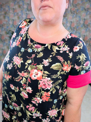 Natasha Black Floral Crewneck Top w/Dark Hot Pink Trim-1- ShortSlv/Slvless Tops-EMERALD-Styled by Stacked - A Plus Size Women's Boutique in Lakeville, MN