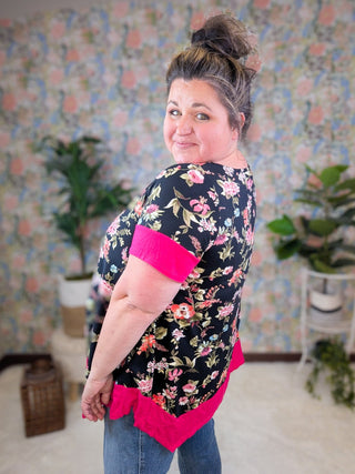 Natasha Black Floral Crewneck Top w/Dark Hot Pink Trim-1- ShortSlv/Slvless Tops-EMERALD-Styled by Stacked - A Plus Size Women's Boutique in Lakeville, MN