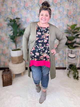 Natasha Black Floral Crewneck Top w/Dark Hot Pink Trim-1- ShortSlv/Slvless Tops-EMERALD-Styled by Stacked - A Plus Size Women's Boutique in Lakeville, MN