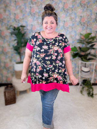 Natasha Black Floral Crewneck Top w/Dark Hot Pink Trim-1- ShortSlv/Slvless Tops-EMERALD-Styled by Stacked - A Plus Size Women's Boutique in Lakeville, MN