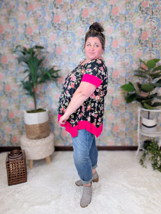 Natasha Black Floral Crewneck Top w/Dark Hot Pink Trim-1- ShortSlv/Slvless Tops-EMERALD-Styled by Stacked - A Plus Size Women's Boutique in Lakeville, MN
