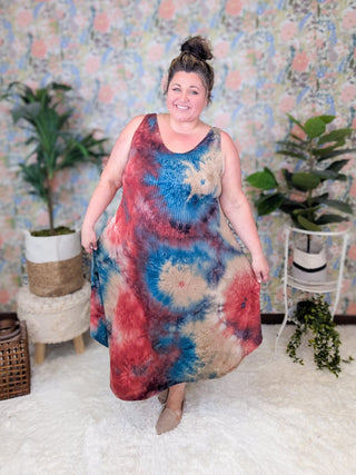 Nico Ribbed Midi Tank Dress in Red, Teal + Taupe Tiedye-11- Dress/Romp/Jump-EMERALD-Styled by Stacked - A Plus Size Women's Boutique in Lakeville, MN