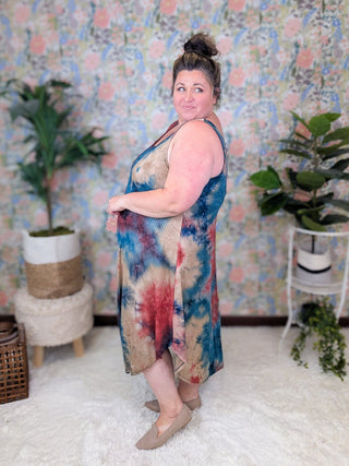 Nico Ribbed Midi Tank Dress in Red, Teal + Taupe Tiedye-11- Dress/Romp/Jump-EMERALD-Styled by Stacked - A Plus Size Women's Boutique in Lakeville, MN
