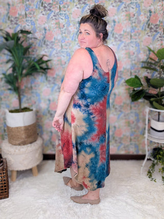 Nico Ribbed Midi Tank Dress in Red, Teal + Taupe Tiedye-11- Dress/Romp/Jump-EMERALD-Styled by Stacked - A Plus Size Women's Boutique in Lakeville, MN
