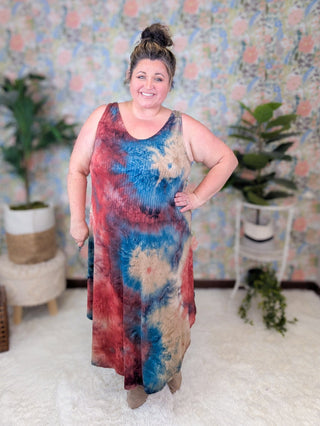 Nico Ribbed Midi Tank Dress in Red, Teal + Taupe Tiedye-11- Dress/Romp/Jump-EMERALD-Styled by Stacked - A Plus Size Women's Boutique in Lakeville, MN