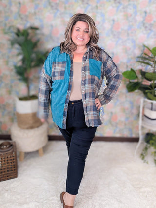 Calla Plaid + Waffle Mix Long Sleeve Buttondown Top (3 colors!)-2- Long Sleeve Tops-WHITE BIRCH-Styled by Stacked - A Plus Size Women's Boutique in Lakeville, MN