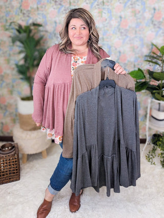 Veronica Tiered Ribbed Cardigan in Solids (3 Colors)-4- Overlayer Tops-BE STAGE-Styled by Stacked - A Plus Size Women's Boutique in Lakeville, MN